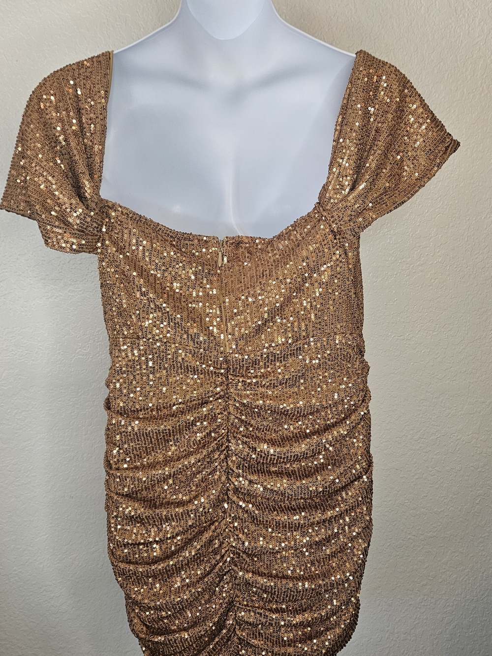 PrettyLittleThing Bronze Sequin Draped Mini Dress - Picture 5 of 6